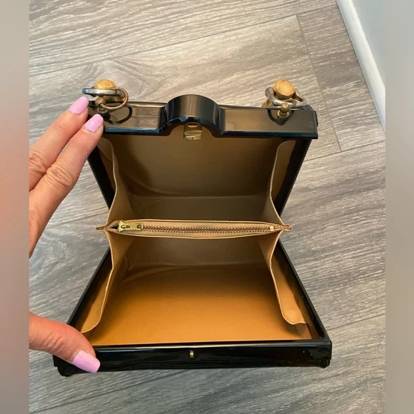 Vintage Evening Black Patent Vinyl Top Handle Handbag Purse, Bamboo Handle - Picture 8 of 11